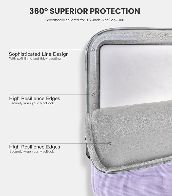 360° Upgraded Protective Laptop Sleeve for MacBook Air 15 inch M4 A3241 2025, M3 A3114 2024, M2 A2941 2023, 15-inch Shockproof Water-Resistant MacBook Case w/Accessory Pocket, Purple