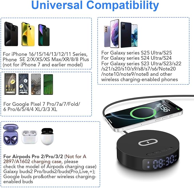 Fast Wireless Charger with Alarm Clock,20W Max Wireless Charging Pad Compatible with iPhone 17/17 Pro/16/15/14/13/12/SE;Wireless Charge Mat for Samsung Galaxy S25/S24/Note,Pixel/LG (Black pad)