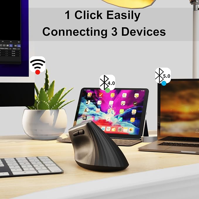 Uineer Vertical Mouse Wireless,Bluetooth Mouse with BT5.0/4.0/2.4G, Rechargeable with Battery Indicator,Ergonomic Design for Comfort and Reduced Wrist Strain, Ideal for Home,Office Use,Matte Black