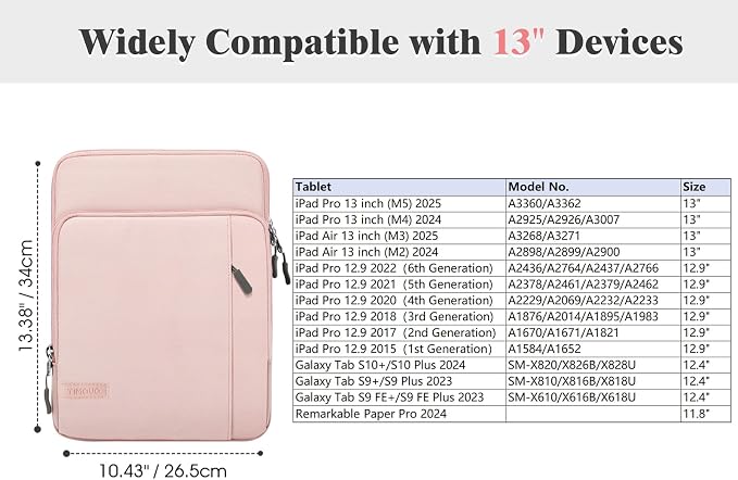 TiMOVO 13 Inch Tablet Sleeve with Shoulder Strap for iPad Air 13", iPad Pro 13"/ 12.9", Galaxy Tab S10 Plus/S10 FE+/FE Plus 12.4", Remarkable Paper Pro 11.8", Blush