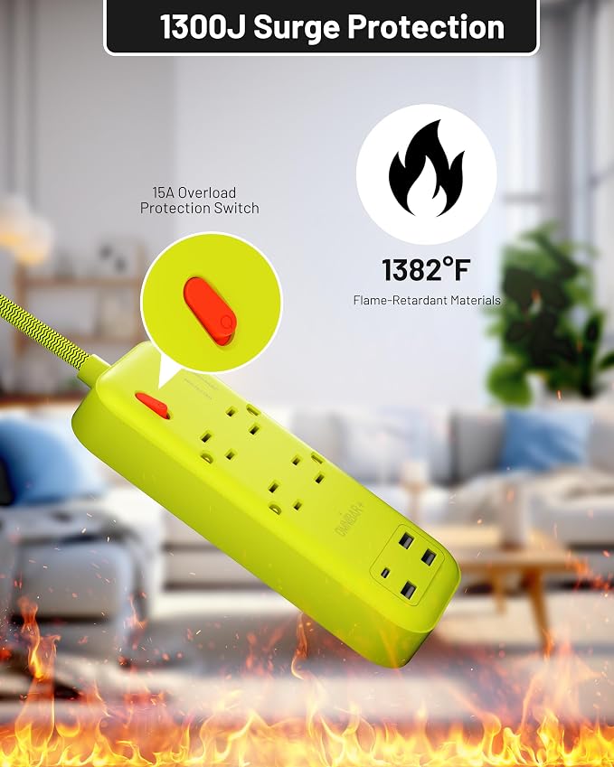 USB Surge Bar 4 Power Strip - 4 Outlets 4 USB Ports(1 USB C), Multi Plug Outlet Extender with 6Ft Braided Extension Cord, 1800 J, Wall Mount, Flat Plug, Desk Charging Station for Office Home