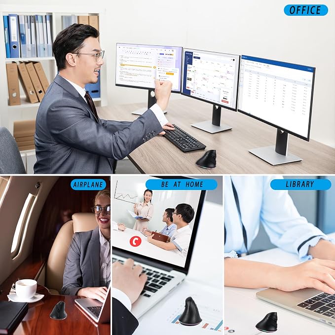 Wireless Mouse, Vertical Ergonomic Mouse 2.4G Bluetooth Dual Mode 3 DPI Rechargeable Connect Multiple Devices Vertical Mouse 6 Buttons and RGB Lights Suitable for PC Laptop Computer(Black)