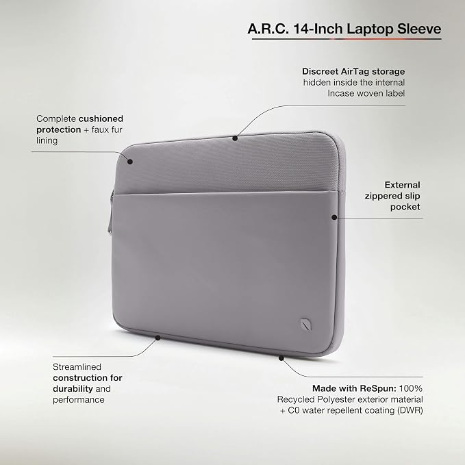 Incase A.R.C. Laptop Sleeve 14 Inch – MacBook Case with Faux Fur Lining, External Pocket – Fits MacBook Pro Air Lenovo Dell HP – Laptop Cover, Computer Case - Travel, Work, College - Grey