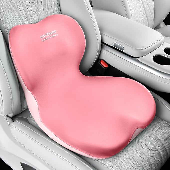 Coverado Car Seat Cushion and Lumbar Support Pillow One Piece, Memory Foam Ergonomic Back Support Driving Seat Cushion for Back Pain, Non-Slip Washable Cushion for Car, Driver, Office