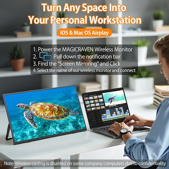 MAGICRAVEN Wireless Portable Monitor for Laptop, 18.5" Portable Monitor with Battery-1080P FHD Second Screen for Home & Office, AirPlay & Miracast Casting, No Cables or Drivers Needed