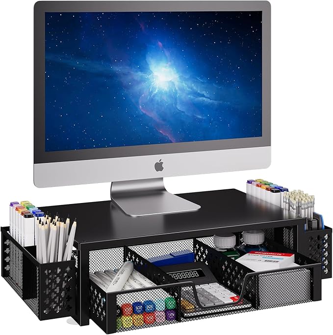 Simple Trending Desk Organizer and Accessories, Computer Metal Monitor Stand Riser with Drawer and Pen Holder for Laptop, Computer, iMac, Black
