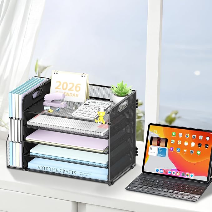 SUPEASY 5-Tier Desk Organizer with File Holder, Desk Organizers and Accessories, Paper Organizer for Desk, Mesh Desktop File Organizer, Workspace Organizers for Office Home School Classroom, Black