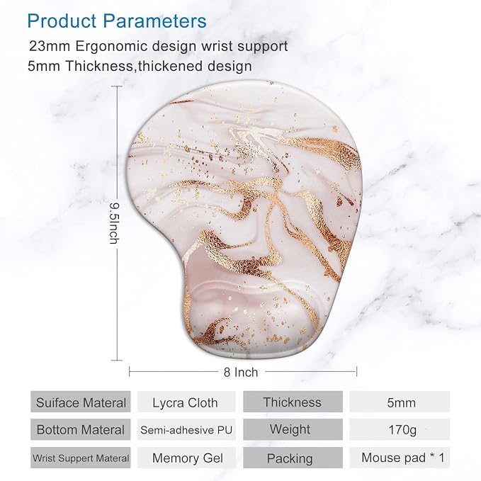 ITNRSIIET Ergonomic Mouse Pad with Gel Wrist Support Wrist Rest Smooth Surface Non-Slip PU Base Comfortable Office Supplies Pain Relief, 9.5 x 8 inches, Rose Gold Marbling