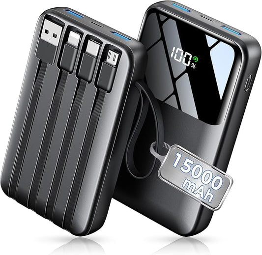 Power Bank, 15000mAh Portable Charger with Built in Cable, 22.5W Fast Charging, 6 Outputs, Slim Travel Essential Battery Pack with LED Display, Compatible with iPhone 17/16/15/14/13, iPad Black