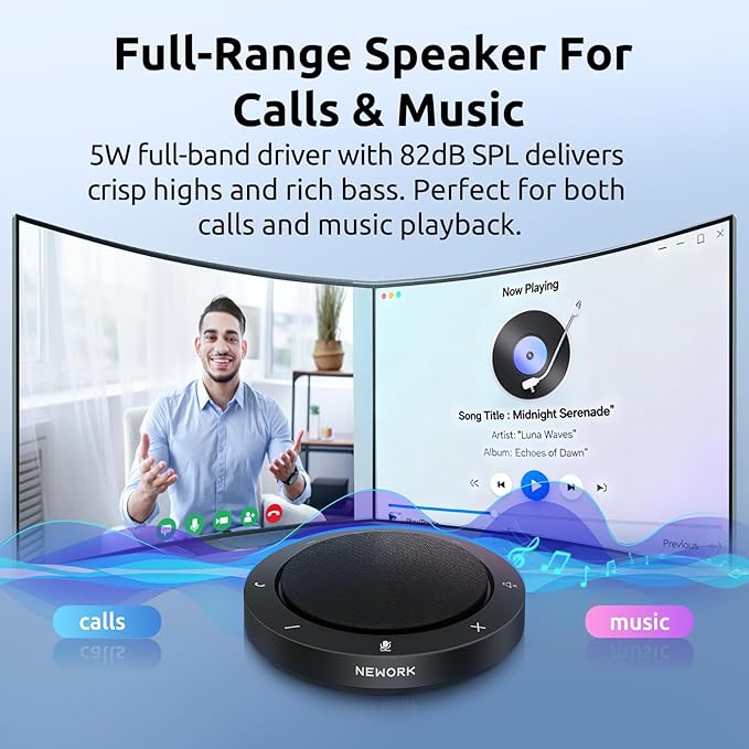 Bluetooth Speakerphone for Conference Calls – 2 AI Noise Reduction Mics, 360° Voice Pickup, USB-C & USB-A Adapter, 10-14H Playtime, Compatible with Zoom/Teams/Skype/Meet
