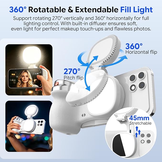 Magnetic Phone Camera Grip with Selfie Light for Content Creators, Wireless Shutter, Stable Video&Better Lighting, Portable Grip for TikTok, Vlog, Selfies, Travel & Video Calls, iPhone&Android (White)