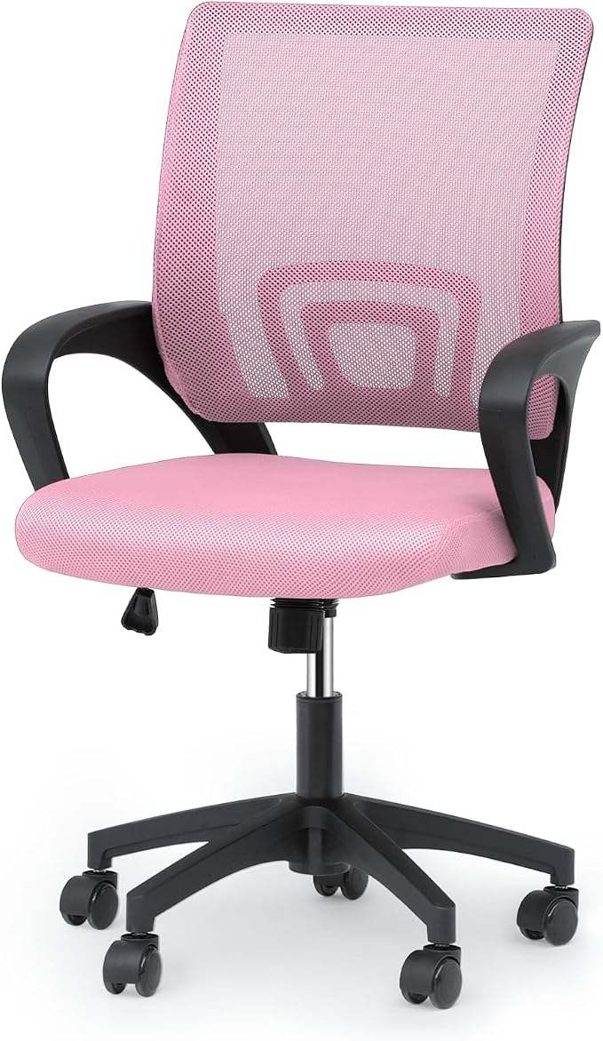 Magshion Ergonomic Office Desk Chair, Mid-Back Mesh Computer Chair, Swivel Chair with Breathable Backrest & Lumbar Support, Adjustable Height for Gaming, Work, Study, 300 Lbs Capacity, Pink