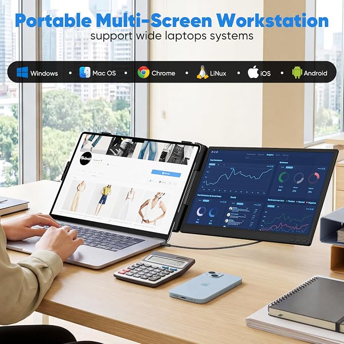 Laptop Screen Extender, 14” FHD 1080P Portable Monitor for Laptop, 0.27" Ultra-Thin Display with 100% sRGB, Dual Screen Extender for 13–17” Laptops, Plug & Play for Windows/Mac/Chrome/Android