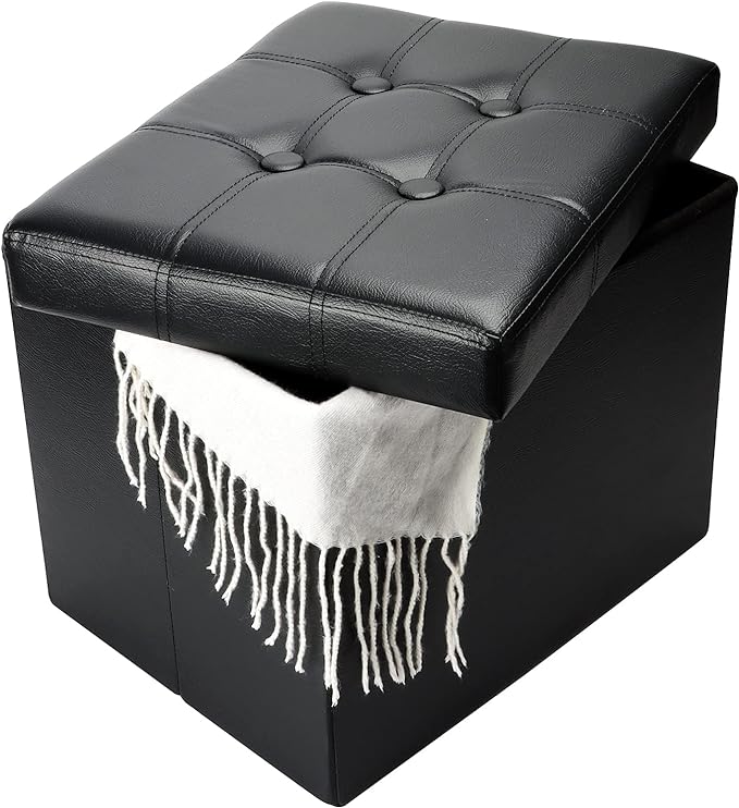 Bsketa Storage Ottoman, Folding Foot Stool with Thicker Foam Padded Seat Small Leather Storage Ottoman Bench Foot Rest for Living Room Foldable Coffee Table 17x13x13in,Black