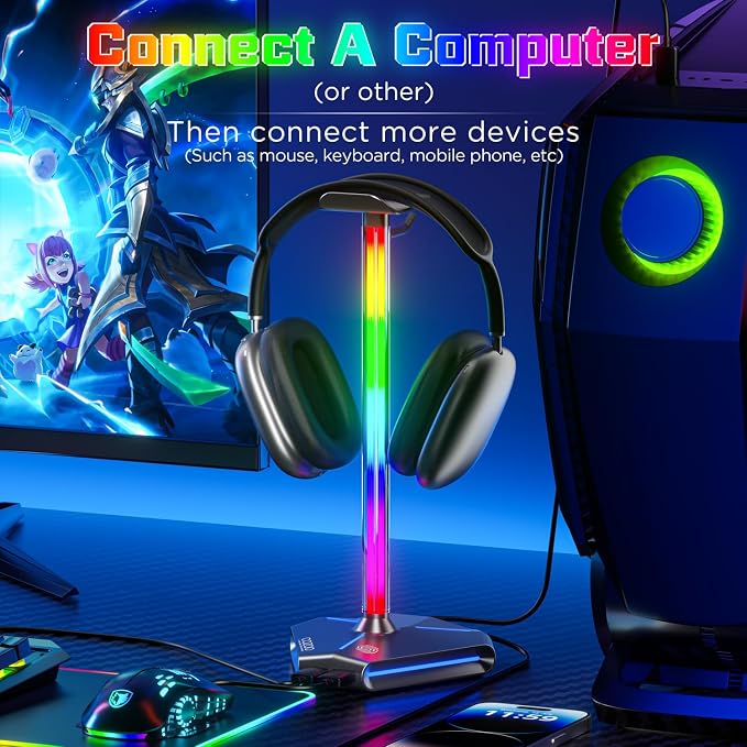 RGB Headphone Stand with 2 USB Ports & Extension Cord, Gaming Headset Holder for Desktop, PC Gaming Accessories, Gifts for Teen Boys, Men, Boyfriend, Gaming Setup Organizer