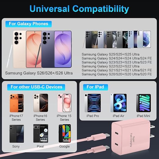 iPhone 17 16 15 Charger Fast Charging, 45W Dual USB C Android Phone Charger Block with 6FT Long Type C Cable Cord for Apple iPhone 17/Pro/Pro Max/Air/16/15 Plus/iPad/S26 Ultra/S25/S24/S23/S22(Pink)