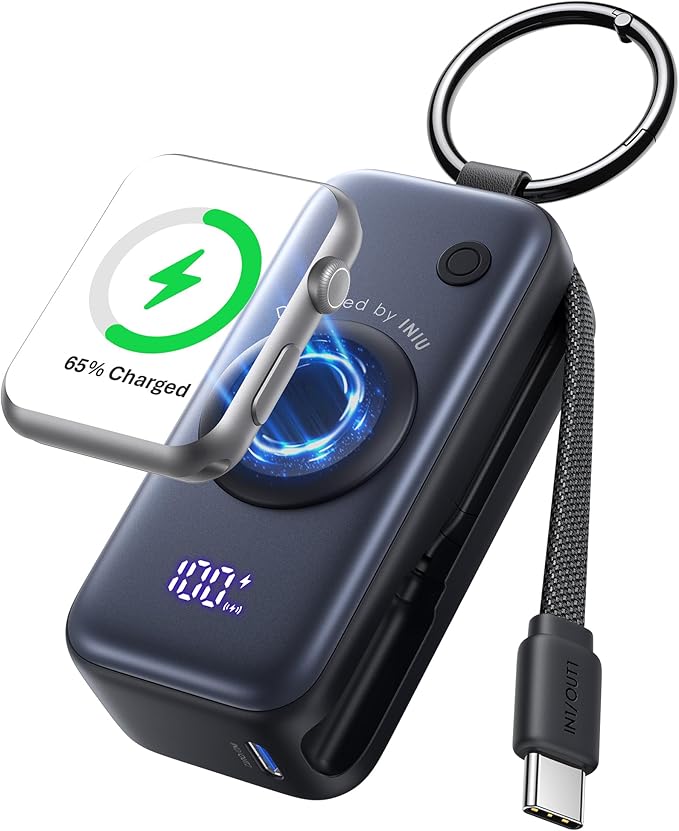 INIU SnapGo Portable Charger, Mini Power Bank for Apple Watch & Phone, 5000mAh 20W Fast Charging Battery Pack with Built-in USB C Cable, Flight-Safe Keychain, for Apple Watch iPhone 17 16 Samsung etc