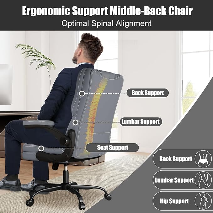 Ergonomic Office Chair with Flip-up Armrests, 300lbs Mid Back Computer Office Desk Chair with Lumbar Support, Executive Leather Chair with Rocking Function Adjustable Height for Home Office