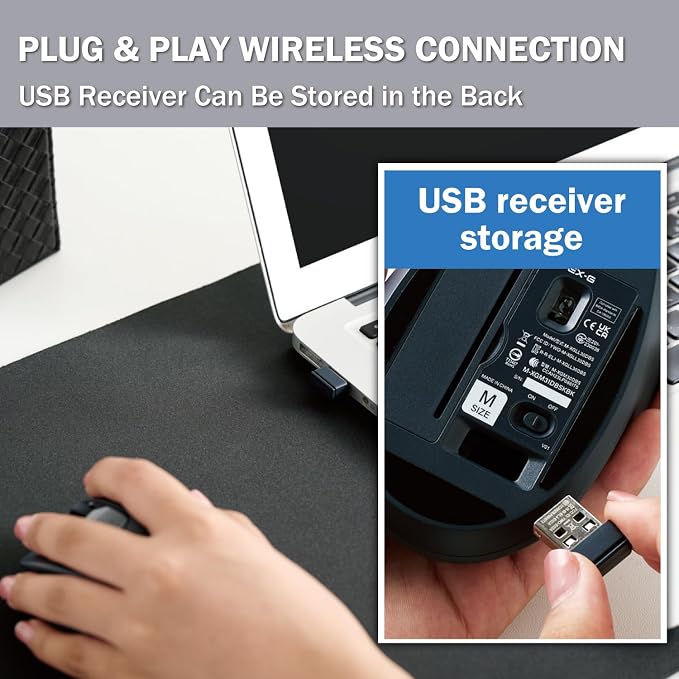 ELECOM Left Hand Wireless Ergonomic Mouse, 2.4GHz with Mini USB Receiver, Silent Click, 2000DPI, 5 Buttons, Optical Sensor, Compatible with PC, Mac, Laptop, EX-G, Msize Black (M-XGM31DBSKBK)