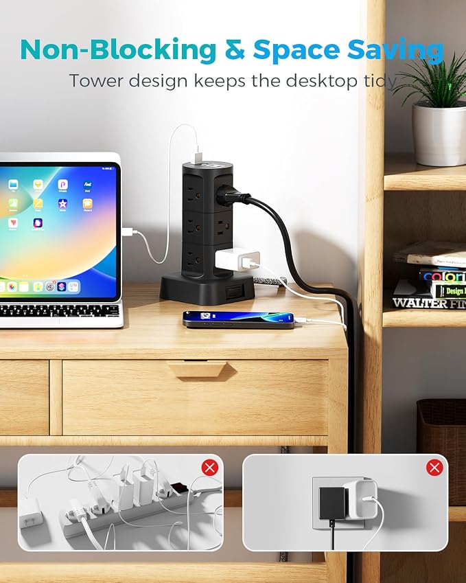 Charging Station Tower, 10Ft Power Strips with Surge Protection, Flat Plug, 12 Outlets 4 USB Ports, 1875W/15A 1080J Extension Cord with Multiple Outlets, Office Desk Supplies, Dorm Essentials