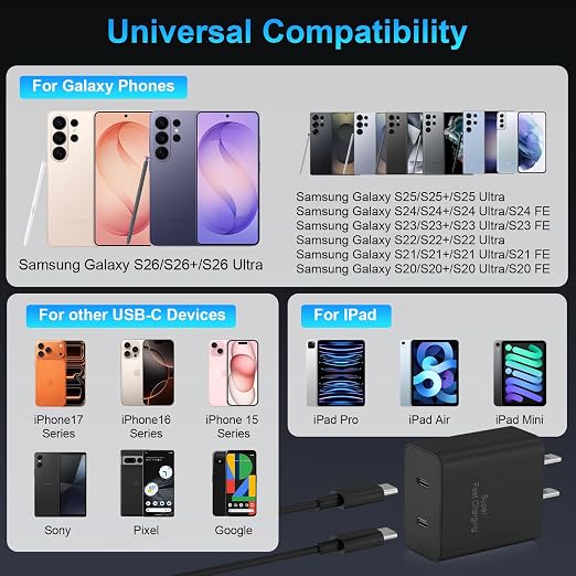 45W 2Pack Super Fast Charger USB C Dual Port Android Phone Charger Type C Fast Charging Block with 10FT Type-C Charger Cord for Samsung Galaxy S26 Ultra/S26/S26+/S25/S24/S23/S22/S21+/iPhone 17/16/15