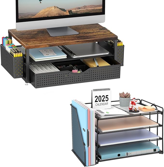 gianotter Monitor Stand with Storage + 4-Tier Paper Organizer (Black)