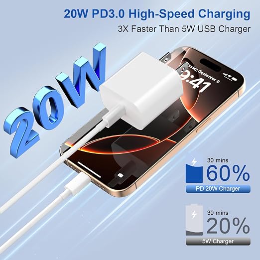 iPhone Charger Fast Charging, 3-Pack 20W Apple USB C Charger Block for iPhone 17 16 15 Charger with 60W USB C Cable Cord 6FT for iPhone 17 Pro Max/17 Air/16/15/Air/iPad/Galaxy/Pixel/Travel & Home Use