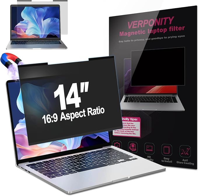Magnetic Laptop Privacy Screen 14 Inch 16:9 Display, Removable Computer Screen Privacy Shield, Anti-Glare Blue Light Protector Compatible with Dell Hp Lenovo Acer Asus Samsung