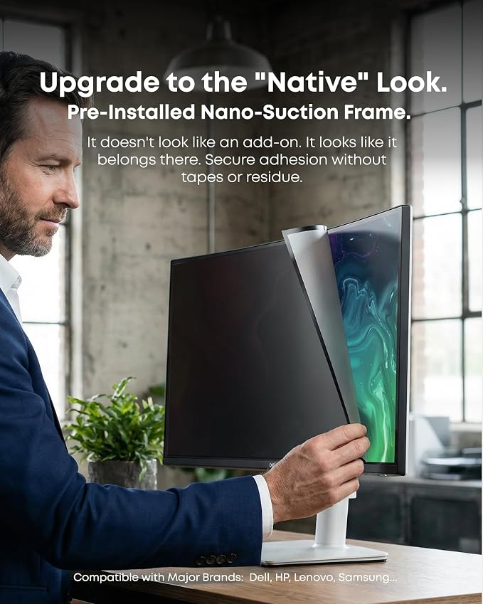 2-Pack 21.5 Inch Computer Privacy Screen Filter (19.1" × 10.8") for 16:9 Curved & Flat Monitors – Nano-Suction Bezel (Tape-Free Instant Install) – Anti-Glare, Blue Light Blocking, Washable