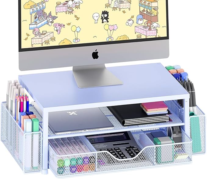 OPNICE Desk Organizers and Accessories, 2-Tier Computer Monitor Stand Riser with Drawer and 2 Pen Holders, Laptop Stand, Office Desk Accessories for Office Supplies, Blue