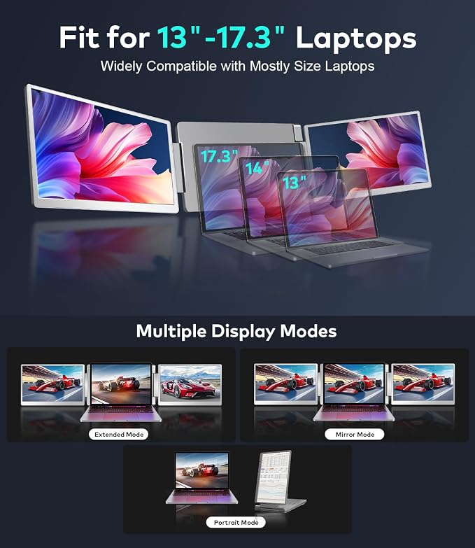 15.6" Laptop Screen Extender, Left Screen 360° Flip Triple Screen Monitor Extender, FHD 1080P IPS Portable Travel Monitor Display, fit for 13-17.3" Laptops, Compatible with Windows and MacBook-S10