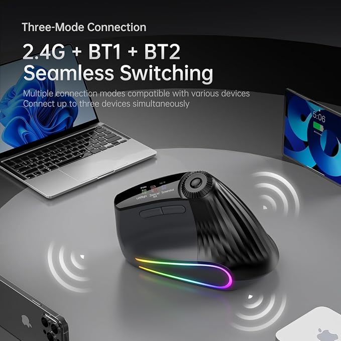 Ergonomic Wireless Mouse, Bluetooth Vertical Silent Mouse with LED Screen and Knob Control, Rechargeable, 4800 DPI, Hyper-Fast Scrolling, 3 Multi-Device Connections, for PC and Mac Systems