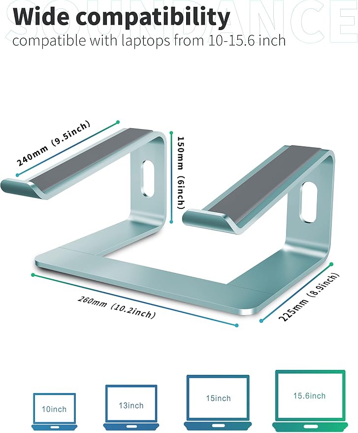 SOUNDANCE Laptop Stand, Aluminum Computer Riser, Ergonomic Laptops Elevator for Desk, Metal Holder Compatible with 10 to 15.6 Inches Notebook Computer, Aquamarine