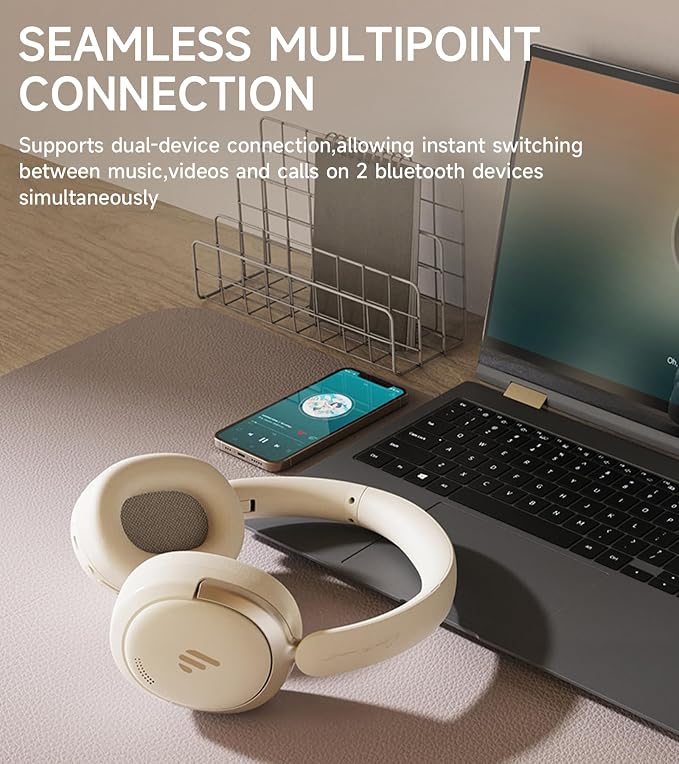 Atom Max Hybrid Active Noise Cancelling Over-Ear Headphones - Hi-Res Audio with Microphone, Volume Control, 45H Playtime, Fast Charging, Bluetooth 5.4, App Customization, Foldable Headset, White