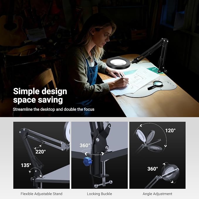 NEEWER Entry Level Version 10X Magnifying Glass with Light & Clamp Stand, 6.3" Bi Color Dimmable Magnifier Lamp LED Ring Light CRI80+ for Desk Crafting Reading Close up Work, N19