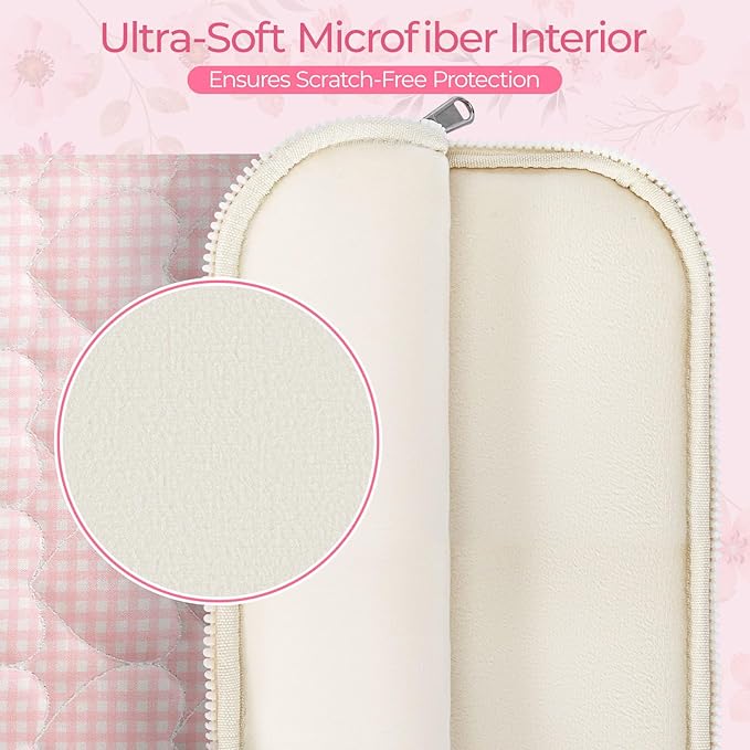11-12 inch Cotton Quilted Laptop Sleeve for Women, Aesthetic Puffy Laptop Case Carrying Bag Compatible with MacBook Air 11.6“/iPad, Soft Computer Liner Bag (Pink Gingham, 11.6 inch)