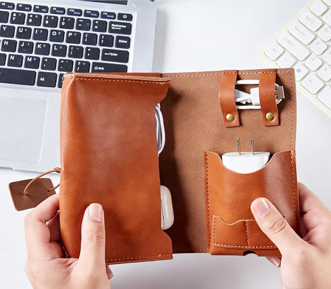 Vintage leather Electronic organizer travel case,cord keeper travel pounch, charger shortage for essentials mouse, adapter, cables,Cable Straps,Earbud case,wrap (Brown leather with band & Organizer)