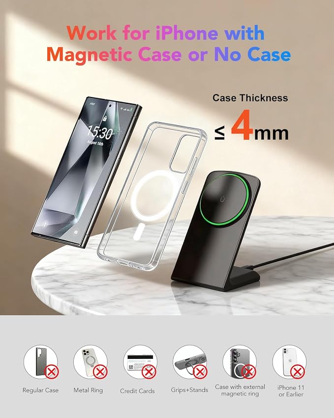 Magnetic Wireless Charger for iPhone, 15W Phone Charger Stand for iPhone/Samsung/Google(Matt Black)