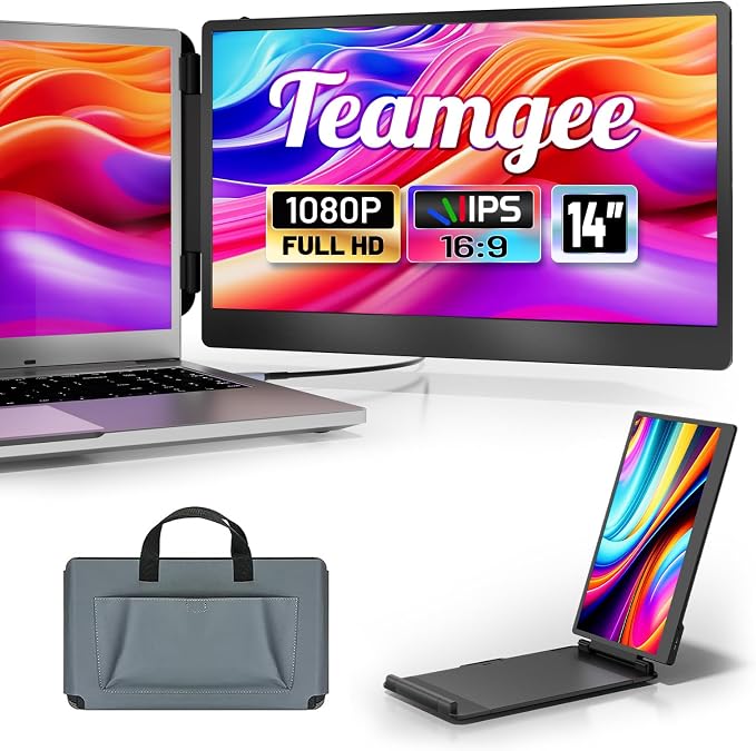 Teamgee Laptop Screen Extender, 14" IPS 1080 FHD Portable Monitor with Built-in Speakers & Kickstand, Compatible with Mac Windows Android Dex Harmony, S1 Laptop Monitor Extender Fits 13"-17" Laptops