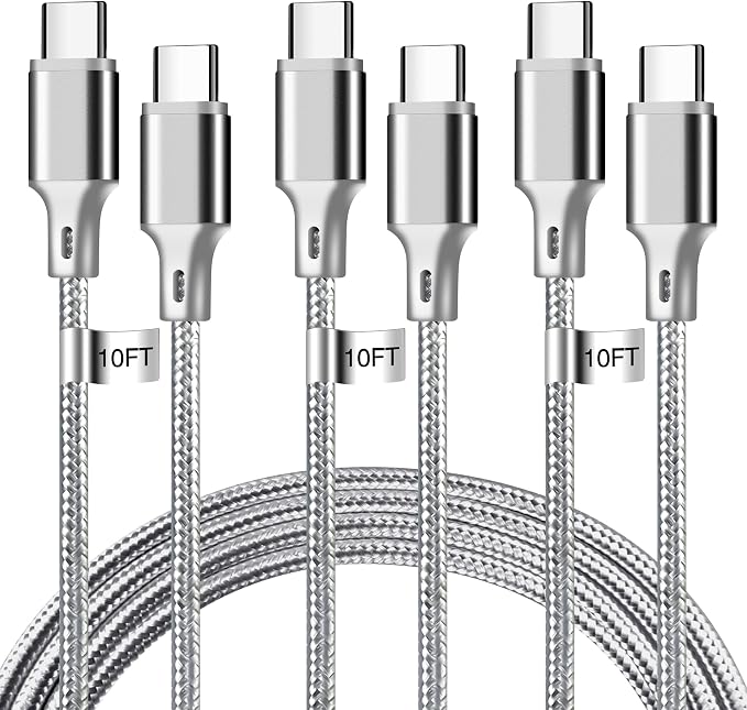 USB C to USB C Charger Cable, 3Pack 10FT Type C Fast Charging Cord Compatible for iPhone 15/16/17/Pro/Max/Plus, iPad Pro Air Ps5 Controller Samsung Galaxy - Gray