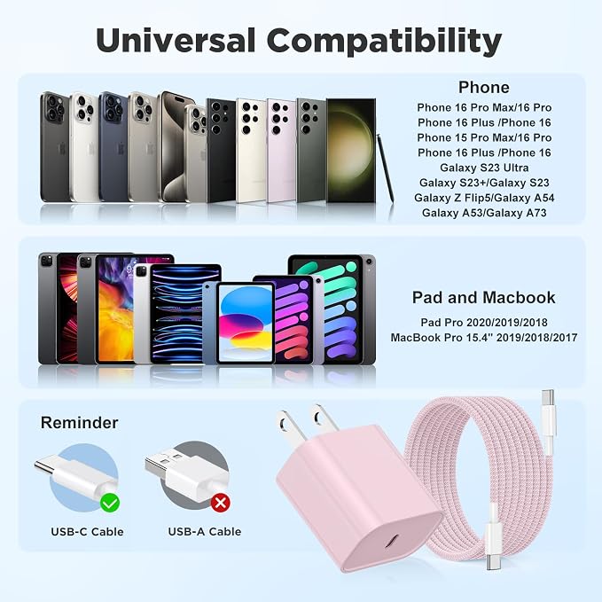 20W USB C Fast Charging for iPhone 17 Air/16/15 Pro Max,3Pack Colorful Mixed Charger Block with Braided Long USB C to C Cables (6/6/10ft) Compatible with iPhone16/15 Pro/15 Plus/iPad Pro