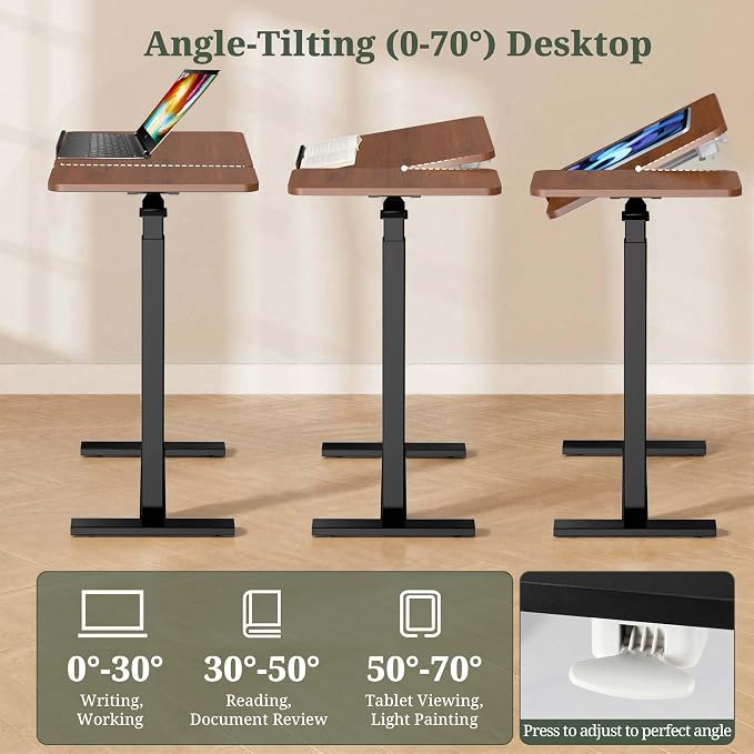 Mobile Standing Desk with Hidden Casters, Adjustable Height Desk, Portable Laptop Computer Table with Tilting Top, for Sit Stand Workstation, Compact and Sturdy for Home, Office, Dorm,Brown