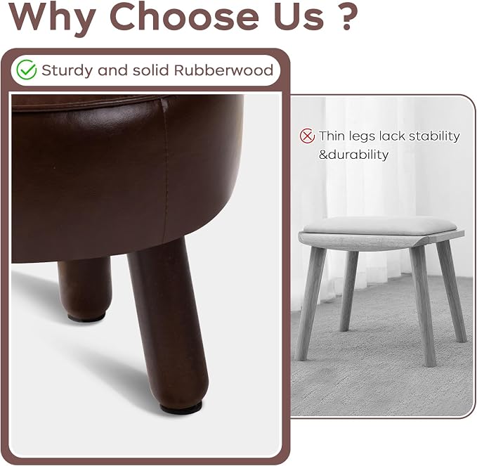 oakvivo Small Foot Stool Ottoman, Round Pouf Foot Rest, Footstool Ottomans with Rubber Legs Under Desk, Faux Leather Footrest for Couch, Living Room, Bedroom, Office, 13''L x 13''W x 10.2''H, Coffee
