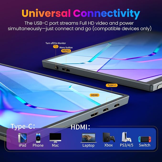Portable Monitor 10.5 inch 1280P 420 Nits100% sRGB Ultra-Slim Travel Monitor, HDR 16:10 Display with Adjustable Stand &Speakers USB-C HDMI, External Monitor for Laptop PC Phone