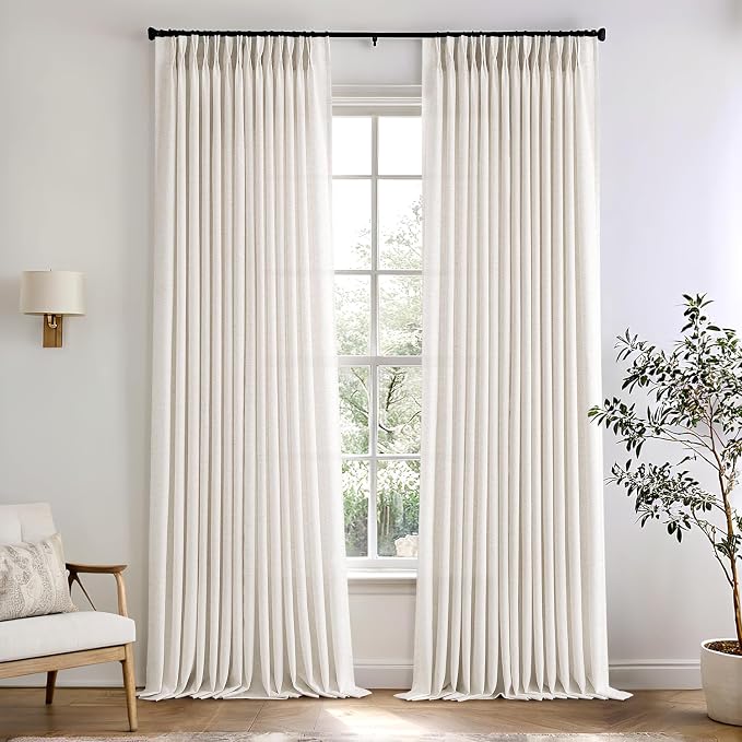 Memory Trained Pinch Pleated Curtains 132 Inches Long, Viral Linen Pinch Pleat Sheer Curtains with Ring Hooks&Clips for Track System Living Room, Natural Light Filtering Privacy Curtain 2 Panel Set