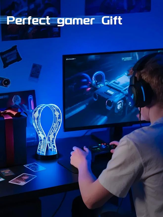 CoolGift Mart Light Up Headphone Stand with 16 Color Lights, Game Pattern Acrylic Headset Stand with 1 USB and 1 Type-C Charging Ports, Gifts for Gamers Men and Music Lovers