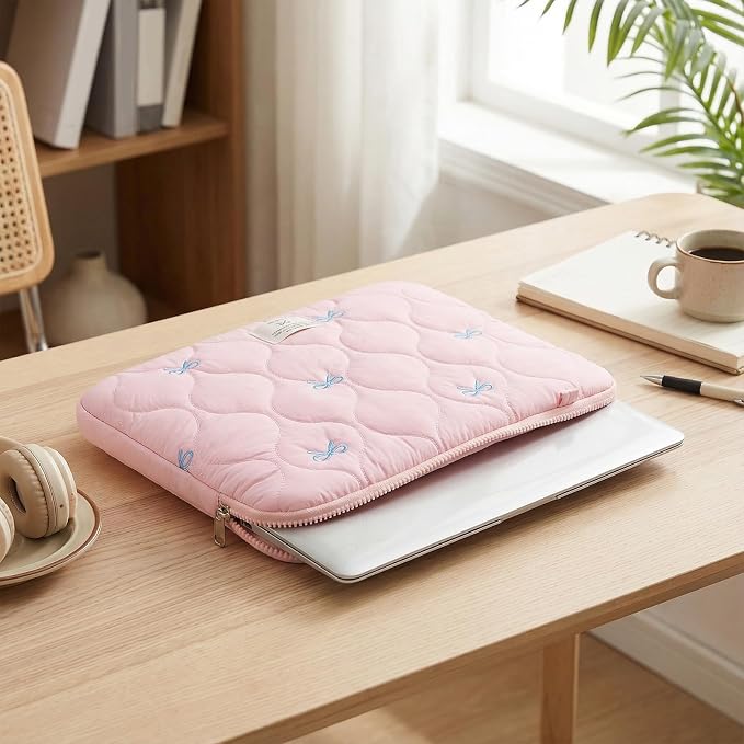 Cute Bow Laptop Case Coquette 13-15 Inch Puffy Laptop Sleeve Accessories Aesthetic Quilted Computer Bag for MacBook (Pink 1, 13-14inch)