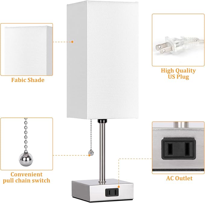 Dott Arts Touch Control Bedside Lamp, 3 Way Dimmable Nightstand Lamp with 2 USB Ports & AC Outlet, Modern Style, White Fabric Shade