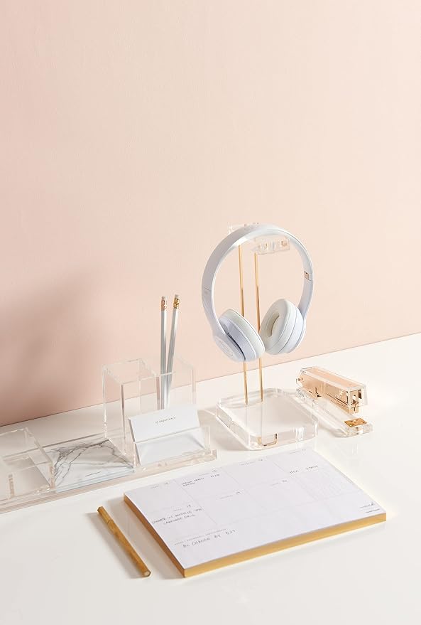 RUSSELL+HAZEL Acrylic Headphones Stand, Headset Holder, Office Accessories, Clear Acrylic with Gold Hardware, 4” x 5” x 10.5” (93922)