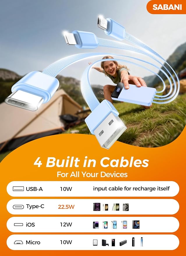 Portable Charger 35000mAh Power Bank - Powerbank with 4 Built in Cables, 22.5W Fast Charging Travel Camping Essential Battery Pack Compatible with iPhone 17 16 15 14 13 Samsung Google, 1 Pack, Azure